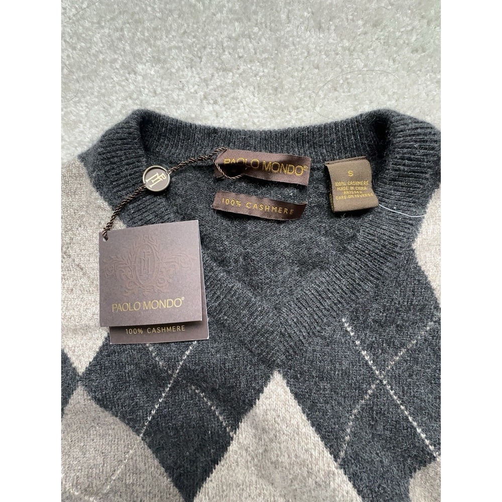 NWT Paolo Mondo Sweater 100 Cashmere Men S Brown Argyle Diamond V-Neck Soft Lux - Picture 3 of 6